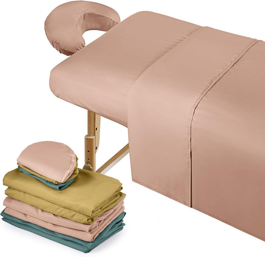 3 Sets Microfiber Massage Table Sheet Set 3 Colors 3 Piece Set Includes Massage Flat Sheet Fitted Sheet and Massage Face Rest Cover Stain Wrinkle-Resistant(Yellow, Pink, Dark Green)