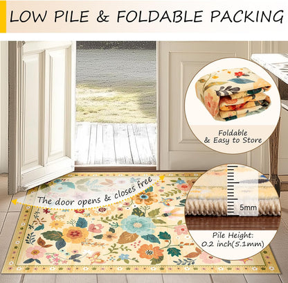 Floral 5x7 Area Rugs Washable Print Boho Cute Carpet Non Slip Flower Low Pile for Living Room Bedroom Kitchen Office Farmhouse-Ivory/Yellow