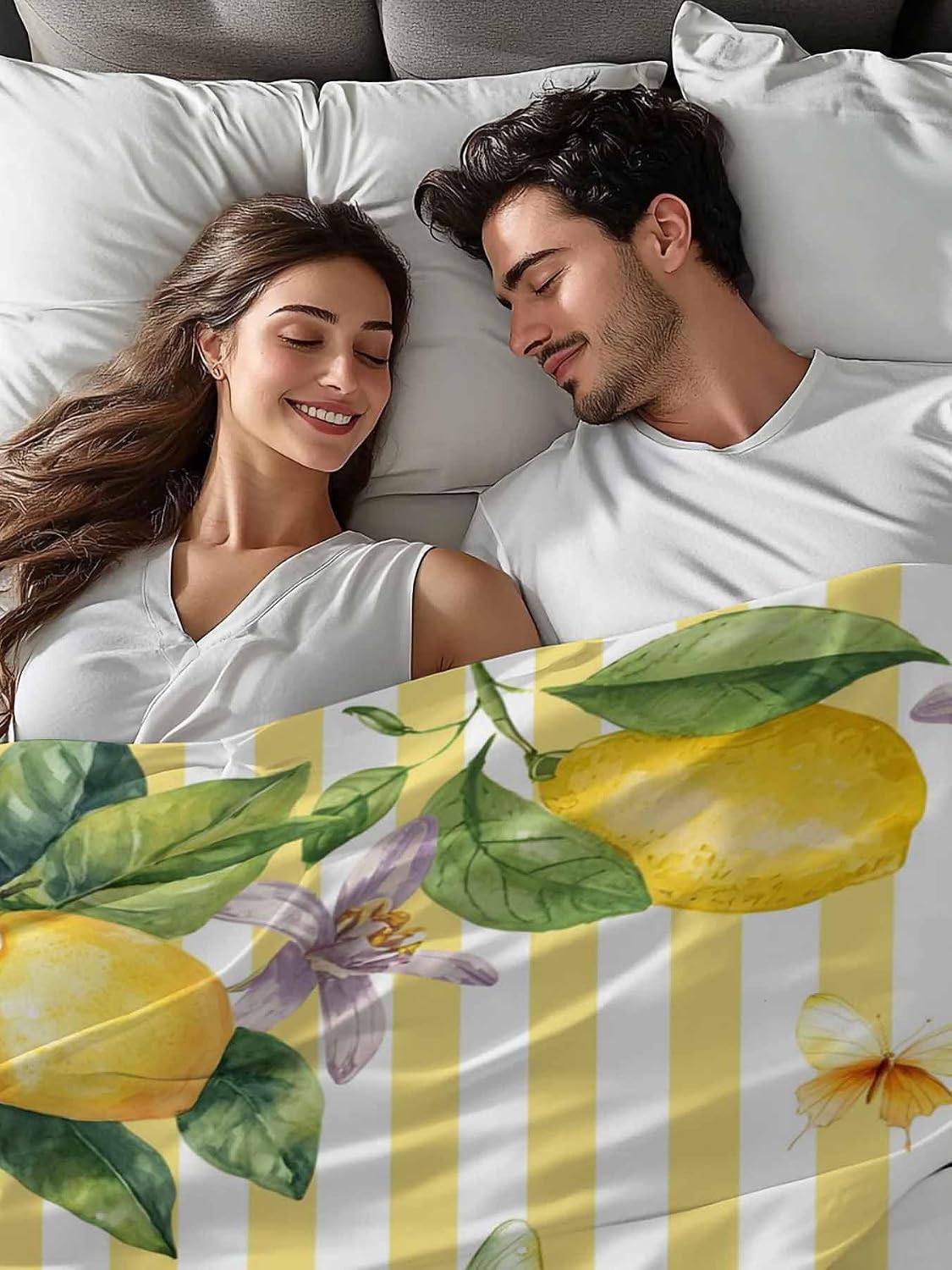 Twin Flat Sheet Only Bed Sheets Lemon Fruits Floral Leaves Microfiber Breathable Bedding Flat Sheet, Yellow Stripes Soft Top Sheets for Bedroom Living Room Sofa