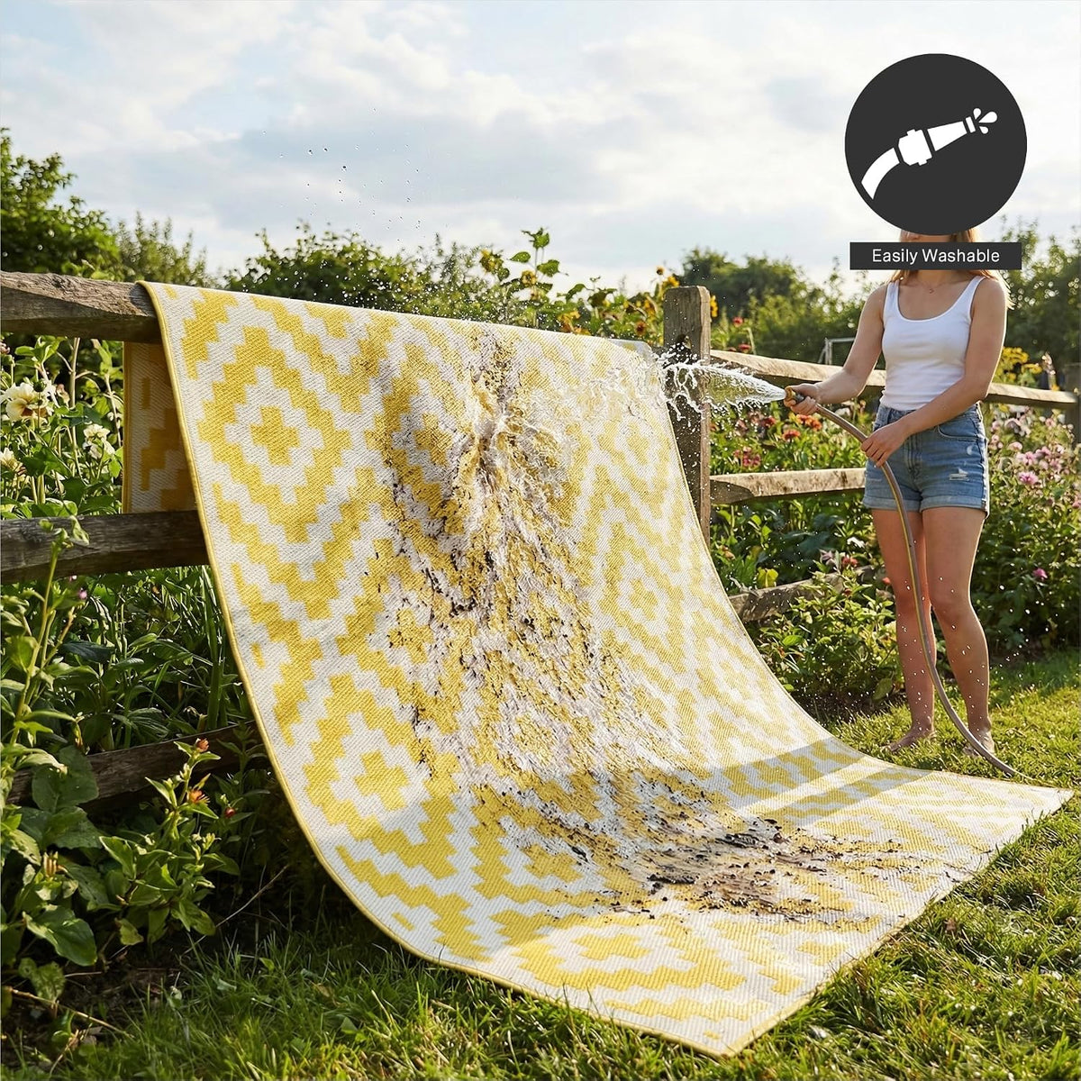 Outdoor Camping Rug - Waterproof, Fade Resistant, Reversible - Premium Recycled Plastic - Geometric - Picnic, Patio, Deck, Sunroom, RV - Aztec - Yellow & White - 4 x 6 ft Foldable